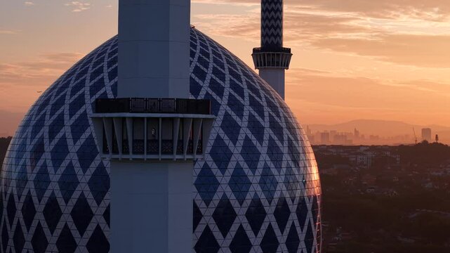 malaysian mosque Masjid Sultan Salahuddin Abdul Aziz Shah during beautiful sunrise aerial shot