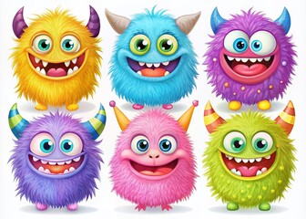 Fototapeta premium Adorable Cartoon Monsters for Kids' Halloween Designs - Cute Fluffy Creatures for Prints, Posters, and Cards