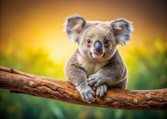 Obraz premium Adorable Koala Bear on a Branch in Studio Setting with Copy Space for Creative Use, Perfect for Nature Lovers, Wildlife Photography, and Animal Conservation Themes