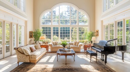 Obraz premium A spacious living room with a grand piano, large windows, and comfortable furniture.