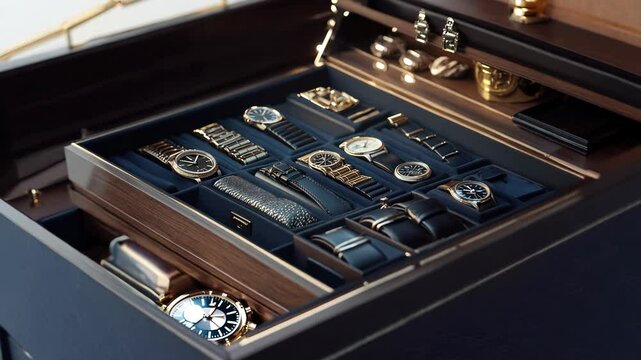 Open drawer with collection of luxury watches in a box.