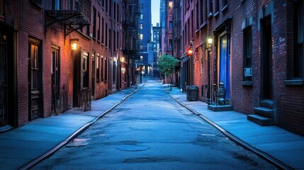 Obraz premium A quiet urban alley at dusk, showcasing brick buildings and soft street lighting.