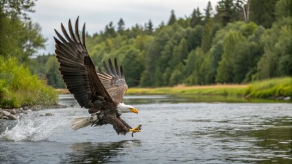 Portrait of Bald eagle trying to catch pray in river, wildlife background, wallpaper