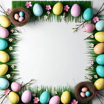 Easter background with Eggs and spring flowers on white background. Copy space frame
