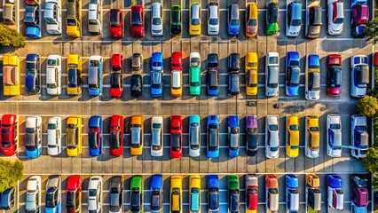 Aerial View of a Vibrant Parking Lot with Colorful Cars - A Stunning Perspective of Urban Life and Transportation Patterns