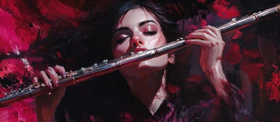 A young woman with long dark hair plays a flute with her eyes closed, surrounded by red and black paint strokes.