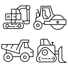 Construction line car icon, vector set, outline. Car icons, JCB, truck, crane, lorry, bulldozer icon. vector illustration.