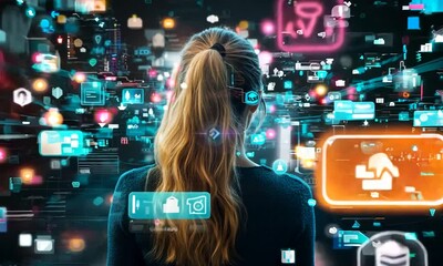 Backview Of Caucasian Woman Looking at Animated Stream Of Online Interfaces With Social Media, Fintech Services, e-Commerce Shopping, Internet Influencers And Video Games. Visualization Of Web Network