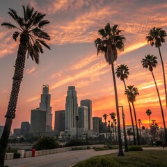 Stunning city skyline with palm trees silhouetted against a colorful sunset sky, capturing urban charm and tropical vibes.