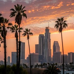 Stunning city skyline with palm trees silhouetted against a colorful sunset sky, capturing urban charm and tropical vibes.