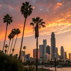 Stunning city skyline with palm trees silhouetted against a colorful sunset sky, capturing urban charm and tropical vibes.