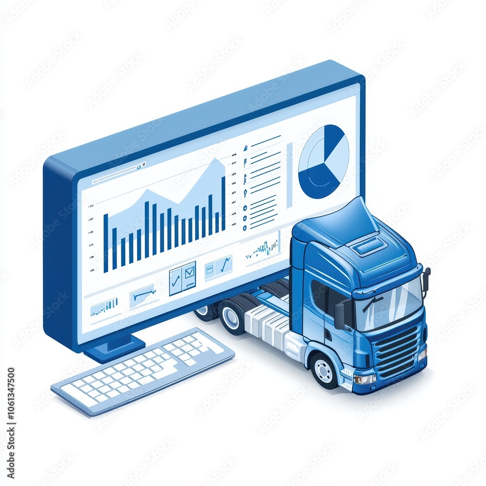 Poster a blue truck and computer setup displaying graphs and charts, representing logistics and data analys