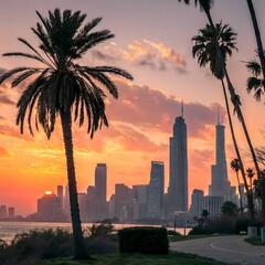 Fototapeta premium Stunning city skyline with palm trees silhouetted against a colorful sunset sky, capturing urban charm and tropical vibes.