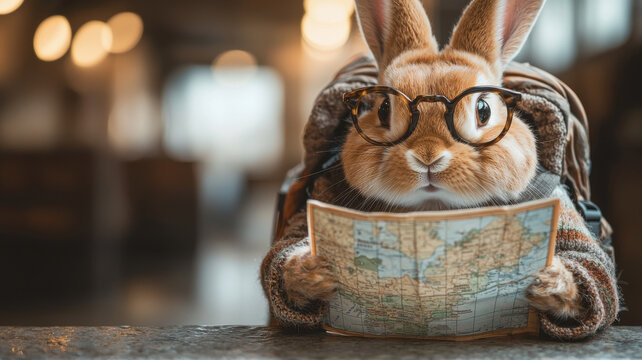 rabbit wearing glasses and backpack, holding map, looks like explorer. This adorable scene captures spirit of adventure and curiosity