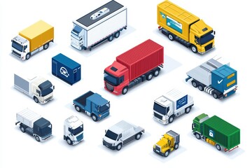 A variety of colorful trucks and delivery vehicles on a white background.