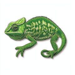Fototapeta premium A vibrant green chameleon on a white isolated background, showcasing its distinct colors and patterns.