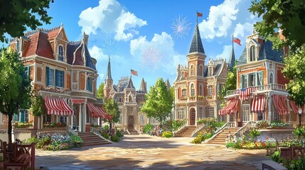 Obraz premium Enchanting Victorian-Style Town with Fireworks in the Sky