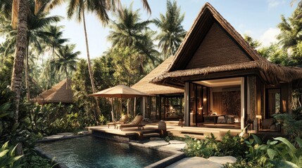 Fototapeta premium A serene tropical villa with a private pool surrounded by lush greenery and palm trees.