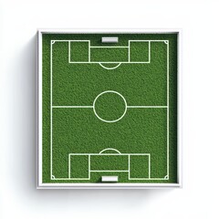 Aerial view of a green soccer field with marked lines on a white background.