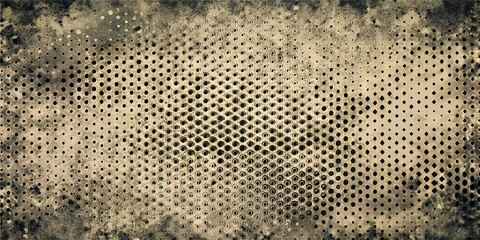 An abstract pattern of circles and diamonds etched onto a distressed metallic surface with a warm brown color.