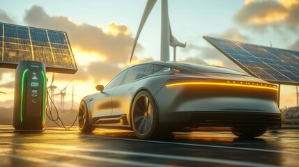 Futuristic Electric Car at Eco-Friendly Charging Station with Solar Panels and Sunset Lighting