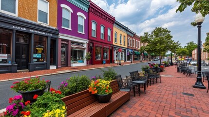 Colorful Storefronts and Outdoor Dining in a Vibrant Town Center