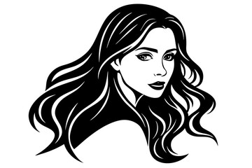 Silhouette of beautiful girl in profile with long hair,Silhouette of a womans head with curly hair vector illustration,Vector illustration of a black and white silhouette of a girl's face.