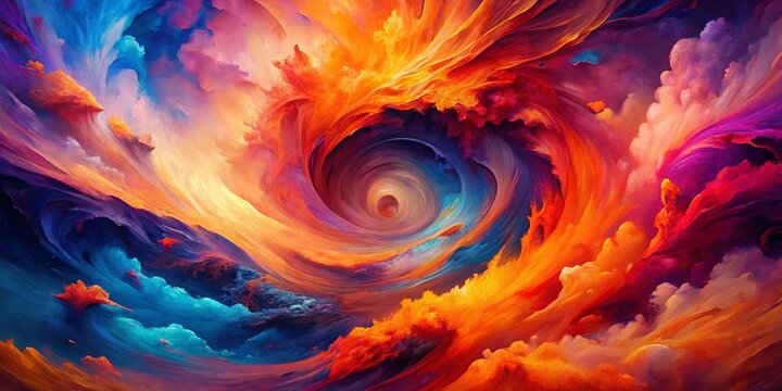 A vibrant and surreal abstract painting featuring a swirling vortex of colorful clouds, evoking a sense of motion, energy, and cosmic wonder.