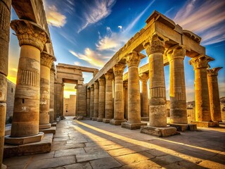 Obraz premium Ancient Egyptian Temple Ruins: Majestic Columns and Sunlit Shadows on Sandy Terrace