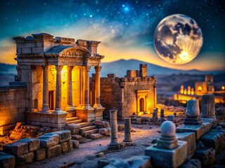 Ancient Ruins Under Full Moonlight - Enchanting Tilt-Shift Photography of Historic Structures at Night