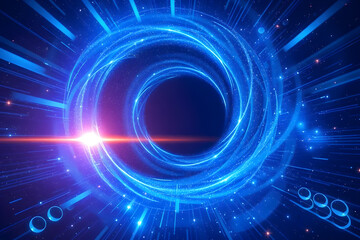 Abstract futuristic background with blue glowing light rays, stars, and space. Digital technology concept with a starry sky, black hole, or wormhole in the universe, big data connection.