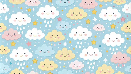 A whimsical pattern of smiling clouds raining cheerful droplets and sparkling stars on a light blue background.