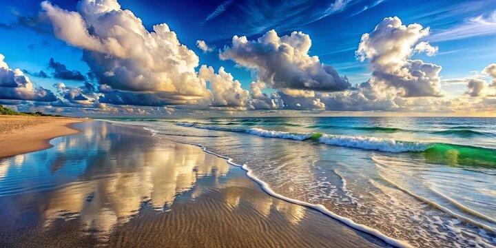 A beach scene with clouds reflected in the water, showcasing the tranquil beauty of the sea and sky, a perfect moment of serenity