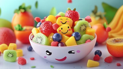 A bowl of fruit with a smiley face on it, with emojis inside the bowl.