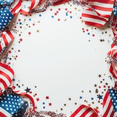 Obraz premium A festive, patriotic frame featuring red, white, and blue ribbons, stars, and confetti, perfect for celebrations like Independence Day.