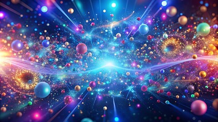 Fototapeta premium A cosmic tapestry woven with vibrant orbs, ethereal light, and sparkling stardust, a symphony of colors dancing in an infinite expanse.