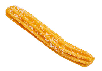 One Churro isolated on white. Flying Fried churros with sugar cristals in the air. Levitating Traditional Spanish dessert. Collection