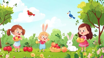 Naklejka premium Cartoon illustration of three children and a bunny rabbit picking apples in an orchard.