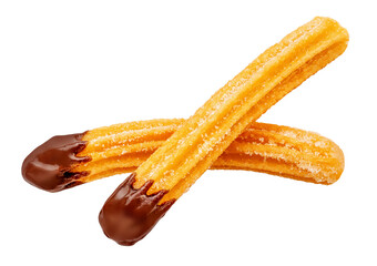 Churros isolated on white. Flying Fried churros with sugar cristals and melting chocolate  in the...