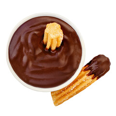Churro isolated. Fried Churro with melting chocolate dip sauce in a  cup on white background. Churro pastry top view. Flat lay