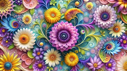 A vibrant tapestry of stylized flowers, swirling with intricate details and delicate patterns, creating a kaleidoscope of color and texture.