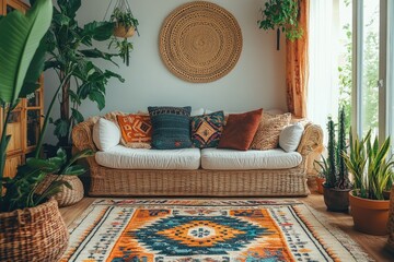 Bohemian living room decor featuring rattan sofa, colorful rug, and lush plants