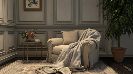Cozy Living Room with Armchair, Blanket, and Book