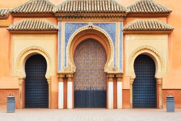 A decorative entrance with intricate tilework and arched doorways in a vibrant setting.