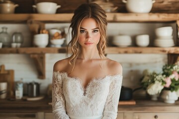 Naklejka premium Beautiful bride wearing white lace wedding dress posing in rustic kitchen