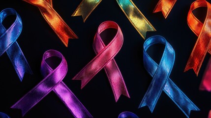 Colorful awareness ribbons representing different causes on black background