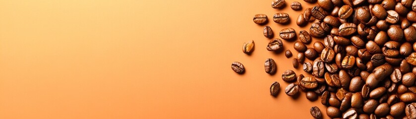 Naklejka premium Roasted Coffee Beans Scattered on Orange Background