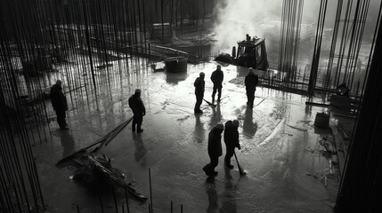 Silhouettes of Construction Workers with Concrete Pouring, Black-and-White Industrial Photography - Powered by Adobe