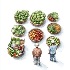 Two farmers inspecting fresh produce displayed in woven baskets from an aerial perspective.