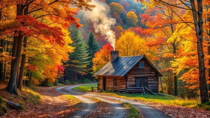 A rustic log cabin nestled amidst a vibrant autumn forest, with smoke rising from its chimney and a winding road leading through the colorful foliage.